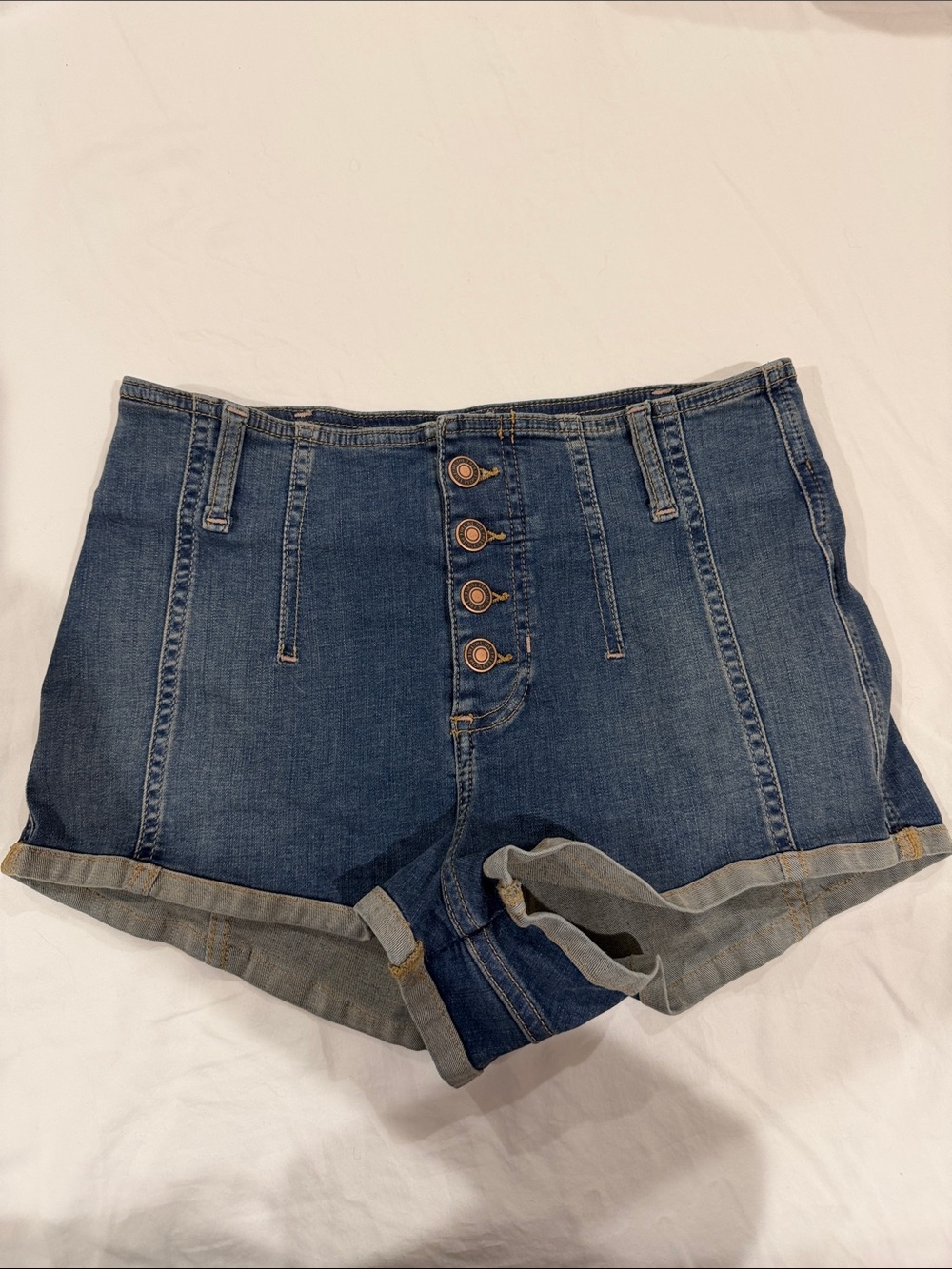 We The Free Dark Blue High-Waist Button-Front Denim Shorts